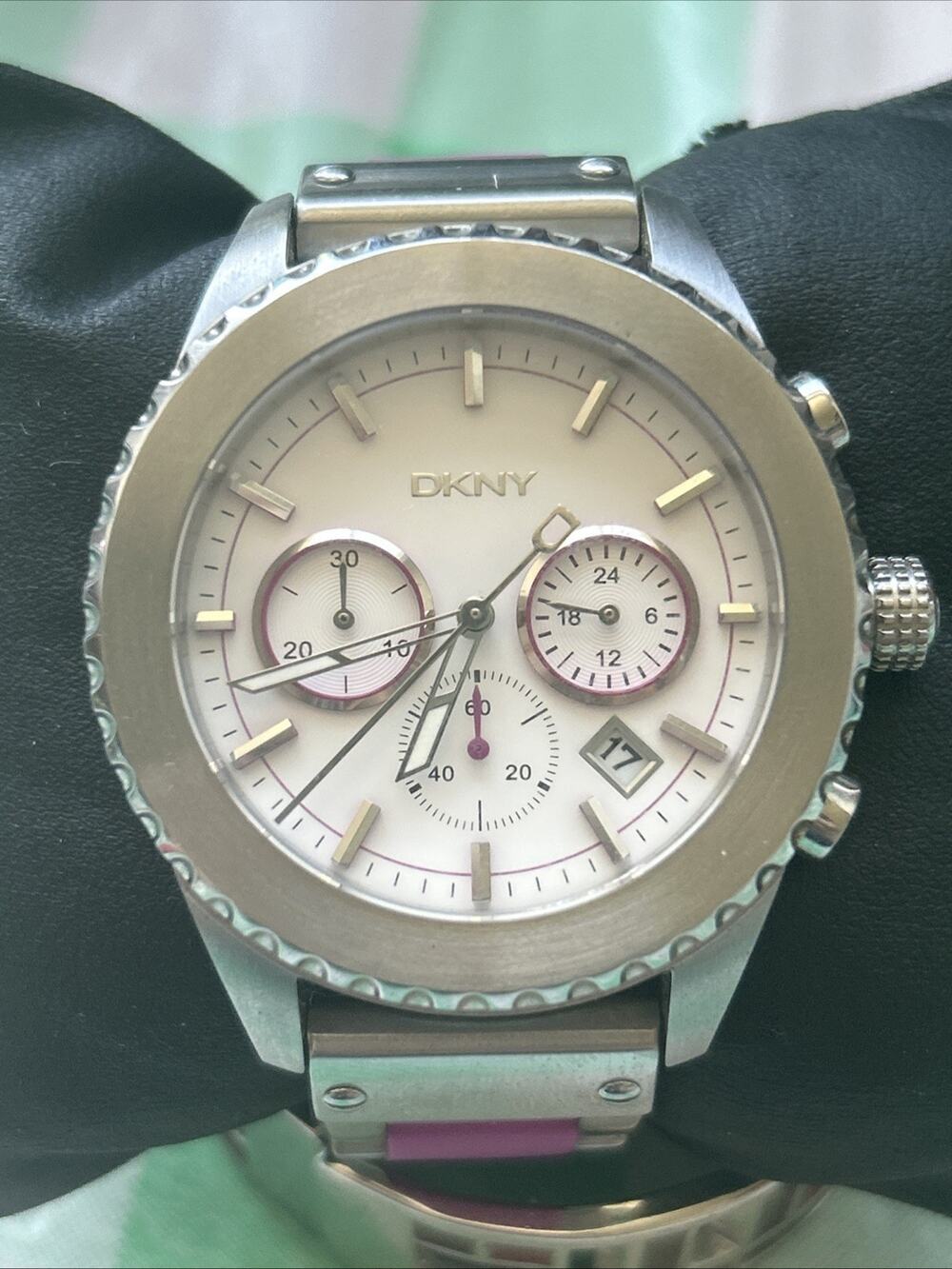DKNY Silver Tone Purple Band Women’s Chronograph Watch